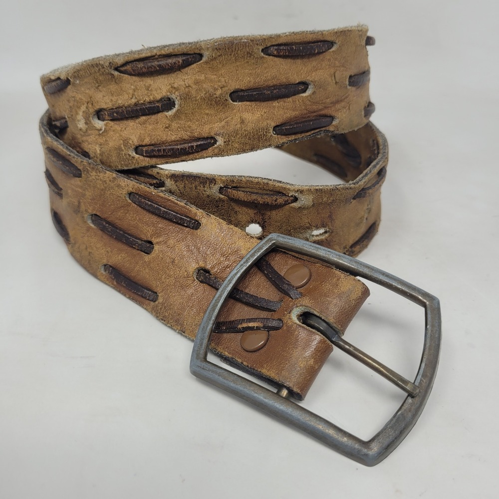 Vintage Brown Leather Belt 38 Distressed Whipstitch Lacing Western Boho Cowboy